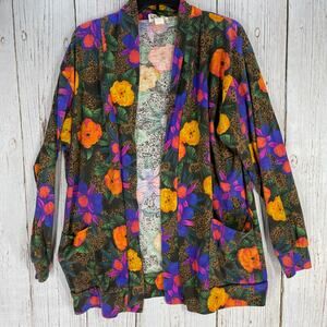 Mondiki Cardigan Women Size L Open Front Vibrant Floral Leopard Print Bold Color